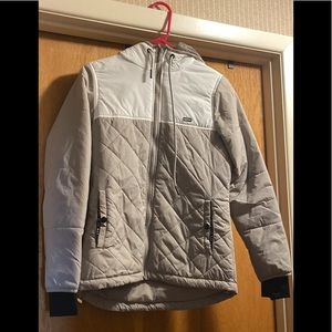 White and tan flag nor fail puff jacket